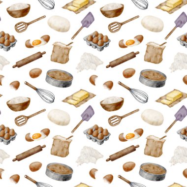 Suluboya fırın malzemeleri ve çatal bıçak desenleri. Elle boyanmış un, yumurta, tereyağı, çırpı, hamuru beyaza izole edilmiş. Aşçılık geçmişi. Hamur işi ürünleri ve mutfak aletleri. Fırın için tasarım