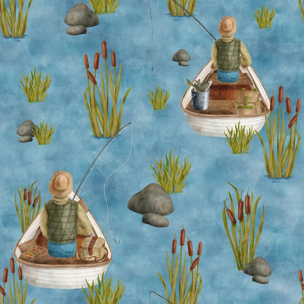 Watercolor fisherman in boat seamless pattern. Hand drawn fisher with fishing rod in wooden rowing boat, reed plants on blue water background. Angling hobby, camping scene. Summer outdoor recreation