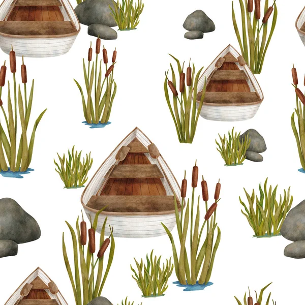 Watercolor wooden boat seamless pattern. Hand drawn landscape with rowing boat, reed plants, stones isolated on white. Lake, river trip design. Calm relaxing nature scene background for wallpaper
