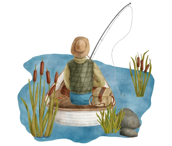 水彩画釣りシーンのイラスト 白い背景に隔離された葦の植物と青い川の水で古典的な木製のボートで釣竿と手を引く漁師 キャンプカードを釣り — ストック写真