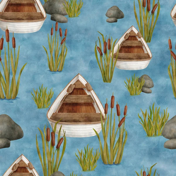 Watercolor wooden boat on lake seamless pattern. Hand drawn summer river landscape with rowing boat, reed plants, stones on blue water background. Calm relaxing nature scene for wallpaper, textile