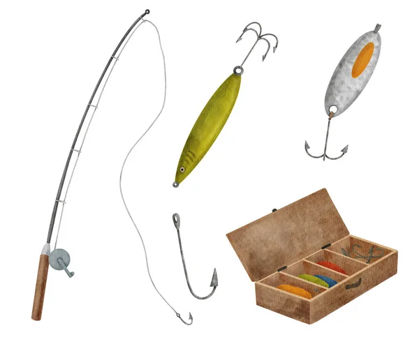 水彩漁具セット 白い背景に孤立ルアーで手描き釣竿 フック 餌や木製の箱 趣味のコンセプトのためのタックルイラスト 釣り用品店 — ストック写真