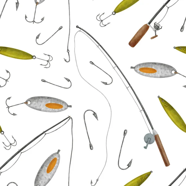 Watercolor fishing tackle seamless pattern. Hand drawn fishing rod, hook, bait, lure isolated on white. Fishermans equipment for catching fish. Angling tools repeated tile background