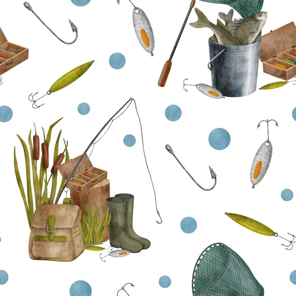 Padrão Sem Costura Pesca Aquarela Haste Pesca Desenhada Mão Rede — Fotografia de Stock