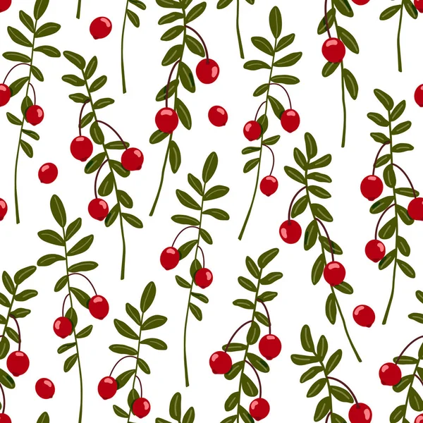 Cranberry Vector Naadloos Patroon Noordelijke Rode Bosbessen Takken Met Bladeren — Stockvector