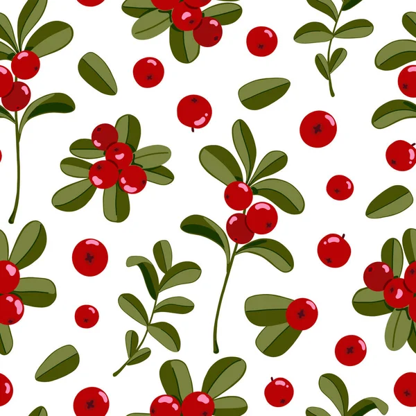 Lingonberry Vector Naadloos Patroon Cowberry Achtergrond Noord Rode Bosbessen Takken — Stockvector