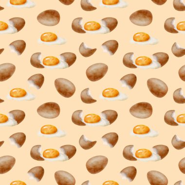 Suluboya yumurtalar pürüzsüz. Sarı arka planda kahverengi tavuk yumurtası sarısı ve göz kamaştırıcı illüstrasyonla çizilmiş. Yemek malzemesi. Taze tarım ürünleri, sağlıklı beslenme tasarımı.