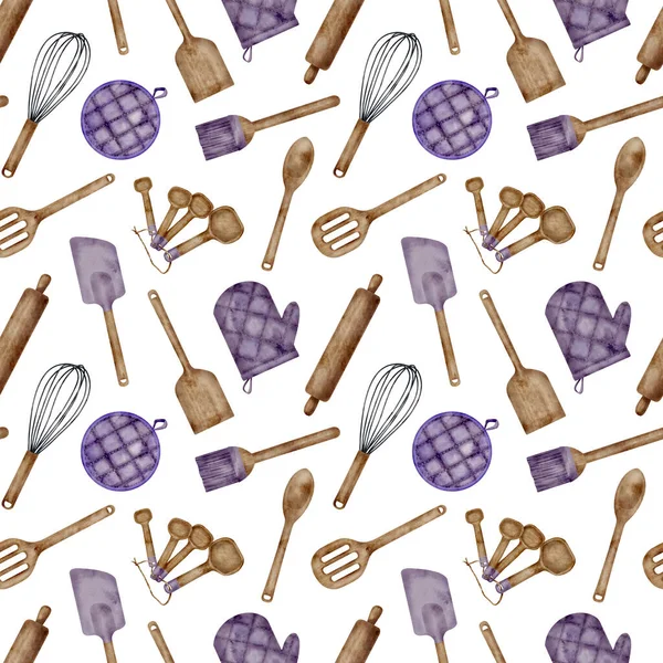 Watercolor cooking tools seamless pattern. Hand drawn rolling pin, mixing spoon, pastry brush, oven mitt, whisk, spatula isolated on white. Baking utensils background. Bakery kitchenware illustration