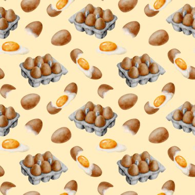 Suluboya yumurtalar pürüzsüz. El yapımı kahverengi yumurta, yumurta sarısı ve göz kamaştırıcı yumurta kabuğu ve sarı arka planda yumurta paketleme kutusu. Yemek malzemesi. Sağlıklı taze tarım pazarı illüstrasyonu