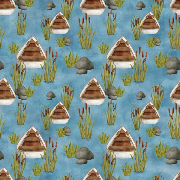 Watercolor wooden boat on lake seamless pattern. Hand drawn summer river landscape with rowing boat, reed plants, stones on blue water background. Calm relaxing nature scene for wallpaper, textile