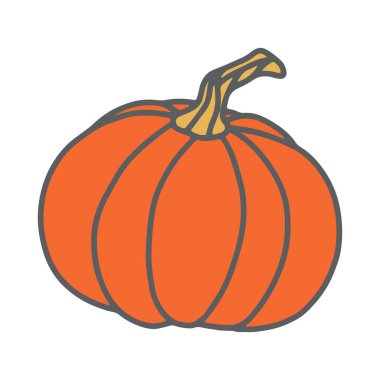 Doodle Güz Balkabağı çizimi. El çizimi şirin bir sonbahar sebzesi. Basit renkli tasarım, olgun hasat beyaz arka planda izole edilmiş. Turuncu kabak yemeği.