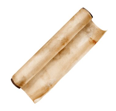 Parşömen kağıdının suluboya rulosu. El çizimi parşömen çizimi beyaz arka planda izole edilmiş. Yemek aleti, alet edevat. Paket kağıdı. Esmer eski müsvedde.