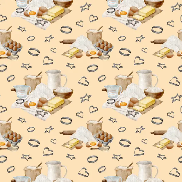 Watercolor baking ingredients seamless pattern. Hand drawn flour bag, eggs, milk, butter, cookie cutters on yellow background. Cooking supplies. Fresh food for bakery. Pastry package repeating design
