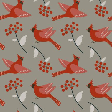 Kızıl kış kuşları kusursuz desenli. Kuzey Kardinal Kuşları ve gri arka planda kırmızı kızılcık üzümleri. Kumaş, duvar kağıdı ve Noel baskısı için uçan orman kuşlarıyla yüzey deseni tasarımı