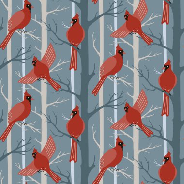 Kırmızı kardinal kuşlar kusursuz desen. Mavi arka planda kuzey kardinal kuşları ve ağaç siluetleri. Kumaş, duvar kağıdı ve ambalaj tasarımı için uçan orman kuşları ile kış yüzey deseni tasarımı