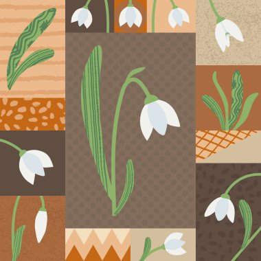 Çiçekli bahar geometrik kartı. Kar damlası çiçek vektör simgeleri. Son moda botanik arka plan illüstrasyonu. Beyaz kış çiçekleri boyalı desenli düz bir şekilde. Kahverengi palette çiçek açan bitkiler