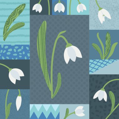 Çiçekli geometrik kart. Kar damlası çiçek vektör simgeleri. Modern botanik illüstrasyonu. Beyaz kış çiçekleri, düz yapraklar ve boyanmış dokular. Bahar bitkileri posteri. Çiçek yama geçmişi