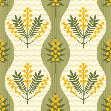 Simetrik çiçekli vektör pürüzsüz desen. Sarı Mimosa çiçekleri ve yeşil çizgili arka planda yapraklar. Avustralya Wattle bitkisi fırça dokusuyla çizilmiş. Modern tekrarlanan arkaplan