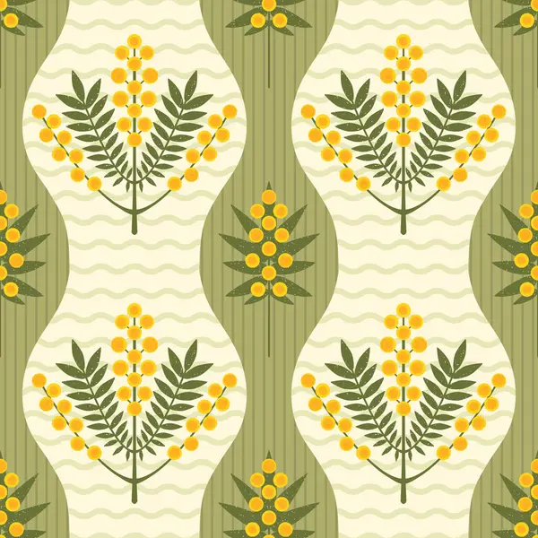 Simetrik çiçekli vektör pürüzsüz desen. Sarı Mimosa çiçekleri ve yeşil çizgili arka planda yapraklar. Avustralya Wattle bitkisi fırça dokusuyla çizilmiş. Modern tekrarlanan arkaplan