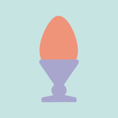 Bardak vektör illüstrasyonunda renkli yumurta. Paskalya yemeği. Mor yumurta tutacağında servis edilen haşlanmış pembe yumurta. Açık mavi arkaplanda Mutlu Paskalya düz çizgi filmleri tasarımı. Paschal yemek simgesi, poster, kart