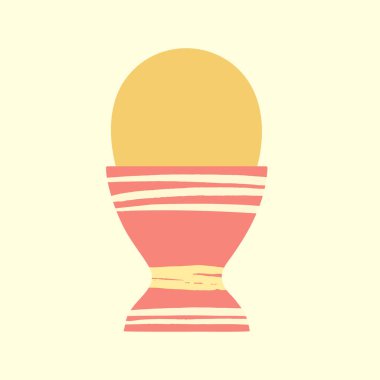 Bardak vektör illüstrasyonunda renkli yumurta. Paskalya yemeği. Elle boyanmış fırça darbeleriyle süslenmiş pembe yumurta tutacağında servis edilen haşlanmış sarı yumurta. Mutlu Paskalya tasarımı. Paschal gıda tasarımı, simge