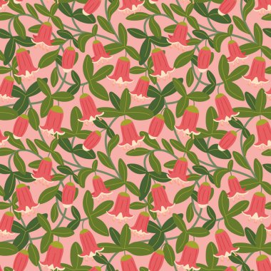 Karmaşık çiçek desenli vektör. Pembe çan çiçekleri, yapraklar ve pembe arka planda çiçek sarmaşıkları. Kumaşlar ve kırtasiye malzemeleri için oldukça botanik yinelenen bir tasarım. Birbirine dolanmış çiçek açan çalılar.