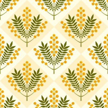 Simetrik çiçekli vektör pürüzsüz desen. Sarı çiçekleri ve pastel geometrik arka planda yaprakları olan stilize bir dal. Avustralya Wattle Mimosa bitkisi fırça desenli defalarca çizilmiş.