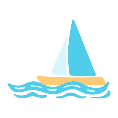 Yelkenli vektör çizimi. Beyaz arka planda izole edilmiş basit düz bir şekilde çizilmiş deniz yatı. Şirin çocuk çizimleri. Denizci gemisi. Yaz gezisi konsepti