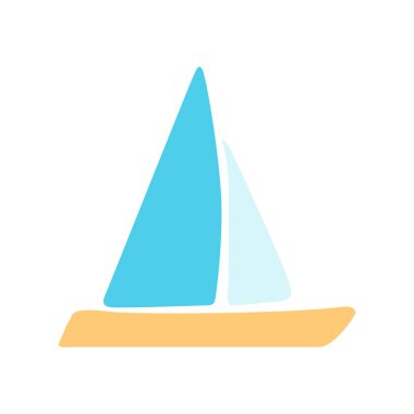 Yelkenli vektör çizimi. Yelkenli yatı, beyaz arka planda izole edilmiş basit düz bir şekilde çizilmiş. Çocuklar için şirin, naif bir çizim. Denizci gemisi simgesi. Yaz tatili seyahat sembolü