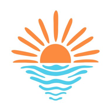 Deniz batımı vektör illüstrasyonu. Yarım güneş şekli ve beyaz arka planda izole edilmiş su dalgaları. Muhteşem boho yaz plajı sembolü. Düz çizgi film ikonu. Okyanus tatil beldesi, yaz tatili konsepti.