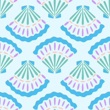 Mavi deniz kabuğu vektörü kusursuz desen. Yaz aylarında deniz tarağı kabukları ile su altı tekrar yüzeyi tasarımı modern el çizimi düz arka plan üzerinde çizilmiş. Mayo ve dekor için şirin bir denizcilik çizimi