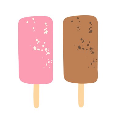 Vitesli dondurma hazır. Beyaz arka planda izole edilmiş meyveli ve çikolatalı dondurma. Hoş bir yaz dondurulmuş tatlı modern düz stil. Paketleme, menü, baskı, dekor için elle çizilmiş desen.