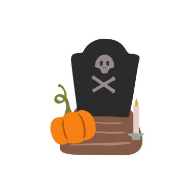 Cadılar Bayramı mezar vektör illüstrasyonu. El çizimi karikatür mezarı beyaz arka planda izole edilmiş. Kafatası ve çapraz kemikli ürkütücü mezar taşı, tatlı sezonluk tasarımlar için balkabağı ve mum, baskı, kart