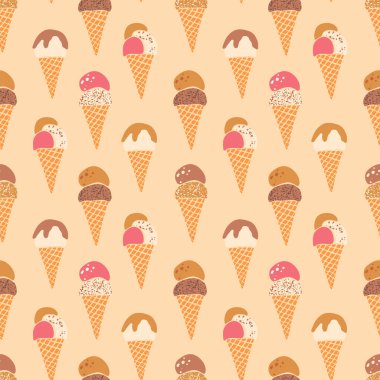 Vektör dondurmalı waffle külahları kusursuz desen. Tatlı aromalı vanilya, çikolata ve tuzlu karamel gelato kahverengi bej arka planda tekrar dizayn. El yapımı retro desenli dondurulmuş tatlı.
