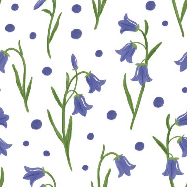 Çan çiçeğinin pürüzsüz deseni. Beyaz arka planda izole edilmiş el çizimi zarif BlueBell çiçekleri. Campanula tekrarlanan tasarım. Kumaşlar, ambalajlar, dekorasyon için kır çiçekleriyle süslü çiçek motifi.