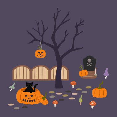 Kara kedi, balkabağı, mezar, ürkütücü ağaç ve mantarlı mantarlı Cadılar Bayramı sahnesi. Mevsimsel 31 Ekim tasarımları, baskılar, kartlar, medya paylaşımları için korkutucu manzara vektör illüstrasyonu