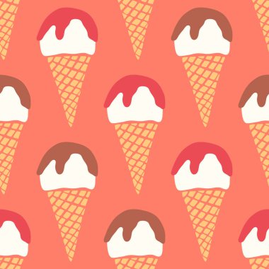 Parlak kırmızı arka planda vektör dondurmalı waffle külahları kusursuz desen. Tatlı aromalı vanilya dondurması ve tekrarlanan jöleli tasarım. El yapımı eğlenceli retro lezzetli yaz tatlısı, düz modern tarzda.