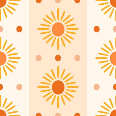 Sevimli güneş vektörsüz desen. Modern basit, sessiz turuncu güneş şekilleri ve krem arka planda dikey çizgili noktalar. Çocuklar için muhteşem gökyüzü tasarımı, duvar kâğıdı. Şirin retro tekrar kiremit