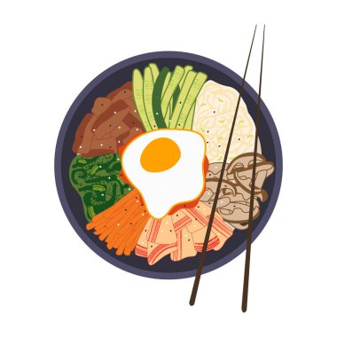 Kore bibimbap vektör illüstrasyonu. Sebzeli, etli ve yumurtalı leziz geleneksel Asya pirinç tabağı beyaz arka planda izole edilmiş yemek çubuklarıyla servis ediliyor. Popüler Güney Kore yemeği