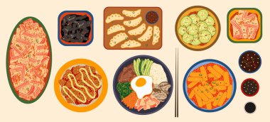 Kore mutfağı vektör illüstrasyonu. Lezzetli geleneksel Asya yemekleri. Güney Kore ana yemekleri ve bibimbap, baharatlı kimchi, tteokbokki, kızarmış tavuk ısırıkları, siyah mantar ve salatalık salatası gibi.