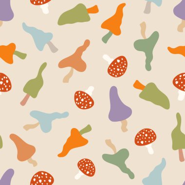 Renkli zehirli mantarlar vektörsüz desen. Sevimli zehirli, yenilemez, sineksi ve bej arka planda kaprisli mantarlar. Perili orman hasadı, sonbahar Cadılar Bayramı için tekrar fayans, sonbahar tasarımları.