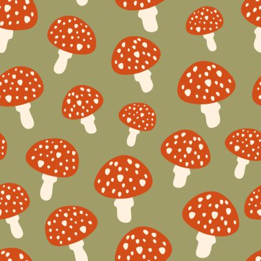 Akarik vektörsüz şablon uçuşu. Yeşil zemin üzerinde beyaz noktalar olan tatlı zehirli, yenilemez kırmızı mantarlar. Tuhaf sonbahar orman mantarı Cadılar Bayramı ve sonbahar tasarımları için fayansları tekrar eder.