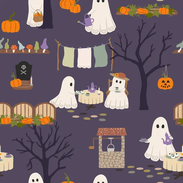 stock vector Halloween vector seamless pattern. Cute ghosts drinking tea, autumn pumpkins, bare trees, grave, toadstools on dark purple background. Whimsical spooky night repeat design for seasonal decor