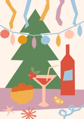Modern Noel kartı. Pembe arka planda mutlu Xmas parti vektör çizimleri, el çizimi geometrik stil. Noel ağacı, kokteyl içeceği ve şişe mevsimlik kış tasarımı. Şenlik posteri, afiş