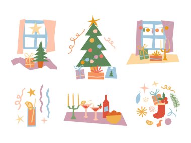 Noel vektör çizimleri ayarlandı. Noel ağacı, çorap, hediyeler, modern basit geometrik tarzda parti içkileri, retro pastel renk paleti. Mutlu yıllar.