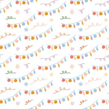 Güzel çelenkler vektörsüz desen. Noel, yeni yıl kutlaması, doğum günü partisi dekorasyonu için beyaz arka planda izole edilmiş topları olan kurdeleli ve çelenkli şenlikli minimal yinelenen tasarım