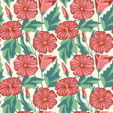 Çiçeksel vektör pürüzsüz desen. Zarif kırmızı çiçekler ve açık arkaplanda yapraklar. Fırça dokusuyla çizilmiş modern yaz çiçekleri. Kumaşlar, duvar kağıtları, baskılar için karmaşık tasarım