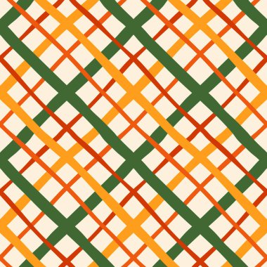 Dalgalı çapraz çizgiler vektörsüz desen. El çizimi renkli modern geometrik tekrarlayan fayans tasarımı, sevimli parlak retro eşkenar dörtgen ekoseli. Canlı, cesur, titrek ışık arkaplanı üzerinde çapraz çizgiler.