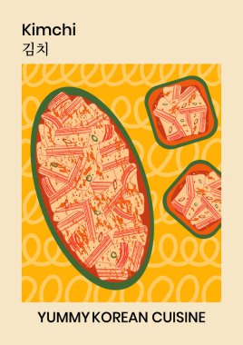 Kore kimchi salatası tabağı taşıyıcı poster illüstrasyonu. Asya yemekleri, tipografiyle birlikte modern duvar sanatı şablonu. Sarı arka planda geleneksel Güney Kore baharatlı meze.