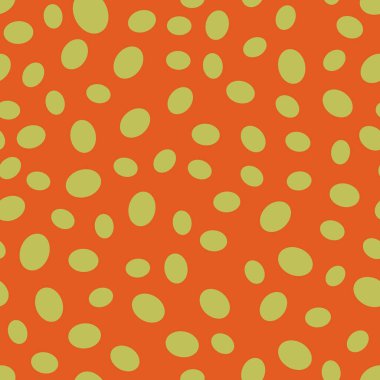 Oyuncu polka nokta vektörsüz desen çizimi. Kırmızı arkaplana dağılmış yeşil düzensiz noktalar. Tekstil, ambalaj kağıdı, duvar kağıdı, baskı için modern, minimal geometrik tasarım